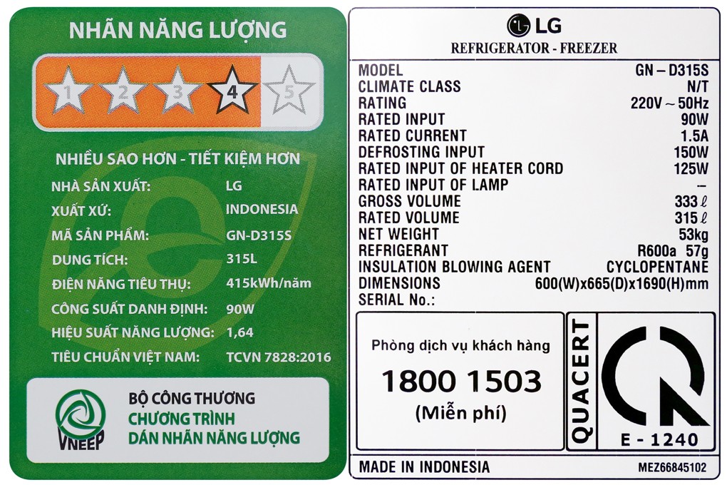 Tủ lạnh LG Inverter 315 lít GN-D315S Mẫu 2019