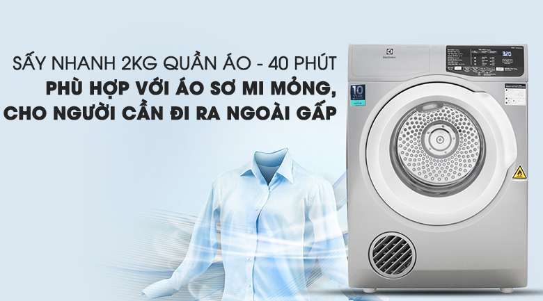 Sấy nhanh khoảng 2 kg quần áo trong 40 phút tiện lợi - Máy sấy Electrolux 8 Kg EDV805JQSA